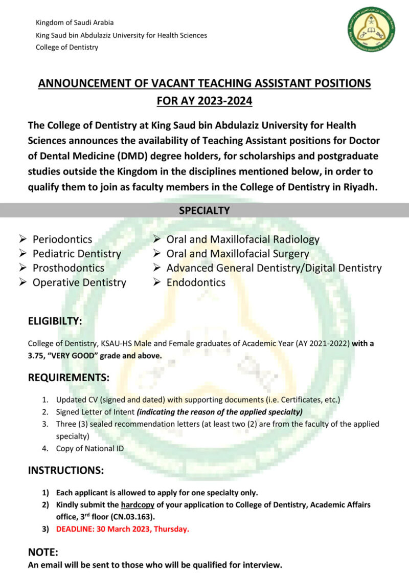 ANNOUNCEMENT OF VACANT POSITIONS FOR AY 2023 2024 College Of Dentistry   ANNOUNCEMENT OF VACANT TEACHING ASSISTANT POSITIONS FOR AY 2023 2024 800x1120 